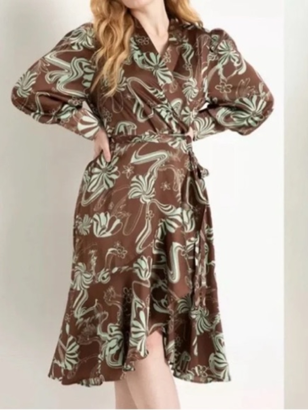 NWT Elloquii Brown & Teal Swirl Satin True Wrap Dress size 18